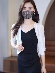 White Lace Shoulder Wrap Cardigan Womens Summer Lightweight Mesh Cover up Top V-Neck Short Sleeve Korean Style Outerwear
