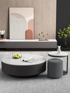 KLESK | Modern Round Rock Plate Carbon Steel Coffee Table With Storage