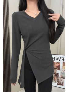 Elegant Pure Cotton Asymmetric Long Sleeve V-Neck T-Shirt Autumn New Style plus Size Conceals Belly Slimming Base Shirt Top