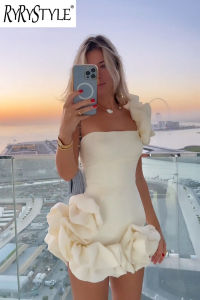 RYRYSTYLE Ruffled Flower Bud Waist Wrap Dress One Shoulder Bra Wrap Hip Dress