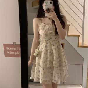 ชุดเดรสแขนกุดลายดอกไม้สไตล์หวานฤดูร้อน 2023 ดีไซน์ใหม่ ชุดเดรสผู้หญิงไซส์เล็ก ชุดเดรสยาวปานกลาง ชุดเดรสยาวปานกลาง