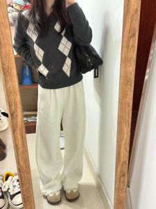 กางเกงขายาวทรงหลวมเอวสูงสำหรับผู้หญิง กางเกงวอร์มทรงหลวมสบาย ๆ ผ้าฝ้ายผสมโพลีเอสเตอร์ กางเกงขายาวทรงตรง