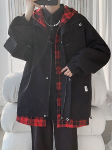 Oversize Plaid Hooded Jacket for Men Spring Autumn Workwear Polyester Youth Fashion Button Decoration Anti-Wrinkle