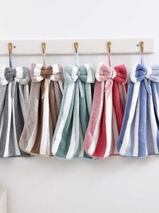 Soft Coral Fleece Kitchen Bathroom Hanging Hand Towel Butterfly Knot Absorbent Wipe Cloth for Bath Room Macaron Color Trend