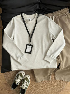 เสื้อฮู้ดคอกลมแขนยาวผ้าฝ้ายสำหรับผู้ชาย สไตล์อเมริกันย้อนยุค ทรงหลวม ปกติ ไม่มีฮู้ด เสื้อยืดคอกลมลายดอกไม้