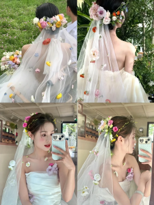 Sweet Realistic Flower Bridal Veil Vintage Headwear Multi-layer Forest System Super Fairy Photo Prop Wedding Ceremony Accessory