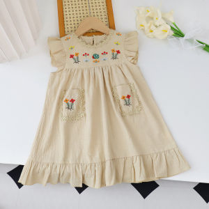 Bear Leader Lace Flower Embroidered Dress for 3 4 5 6 7 Years Girls Flying Sleeves Pocket Cotton Casual Dresses Kids Clothing Retro Seaside Vacation Clothes