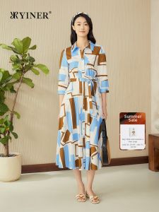 YINER | Summer French Style Colorblock Geometric Print Waist Accentuating Dress