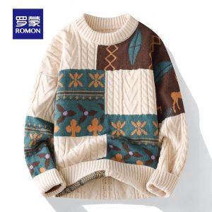 ROMON | Loose Fit Round Neck Knitted Sweater For Men Warm Floral Pattern Base Layer Shirt Trendy Autumn Winter New Arrival By Romon