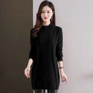 Autumn Winter Knitted Half High Collar Pure Color Cashmere Womens Midi Sweater Dress Korean Style Loose Versatile Long Sleeve