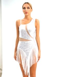 【Seasonal Sale】 WaQas Womens Latin Dance Performance Costume Sparkling Sequin Fringed Dress Asymmetrical Shoulder Straps Tassel Leotard Dresses