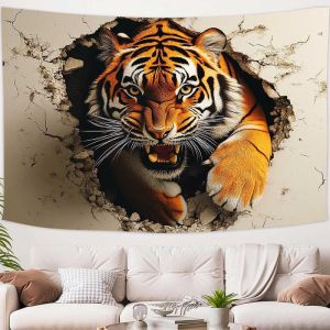 VIKAMA Orange Tiger Tấm Thảm Treo Tường Hiệu Ứng 3D Nghệ Thuật Động Vật Phá Vỡ Trang Trí Tường Nứt Cho Phòng Khách Có Thể Giặt Bằng Tay Polyester
