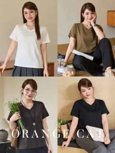 Áo Thun Cotton Tay Ngắn Cổ Chữ V Màu Trơn Rộng Rãi Mùa Hè Cho Nữ Cỡ Lớn Thường Ngày Không Có Thương Hiệu Tay Ngắn Dài Vừa Phải