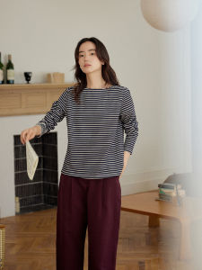 Nomumad Original Design Spring 2025 French Vintage Striped T-Shirt Versatile Base Layer Top Ladies Loose Fit Long Sleeve round Neck Cotton Blend Elastic Fiber