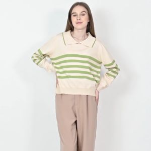 QUEENTIN Sweater Collar Wanita 246 Stretch Cashmere Knit Motif Salur Lengan Panjang