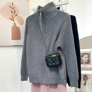 เสื้อสเวตเตอร์ถักคอปกสูงครึ่งตัวแบบมีซิปสำหรับผู้หญิง ทรงหลวม ฤดูใบไม้ร่วง/ฤดูหนาว เสื้อคลุมคาร์ดิแกนถักแบบหลวมๆ สีพื้น