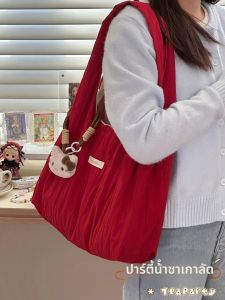 กระเป๋าผ้าใบทรงถุงบรรจุภัณฑ์สีแดงแบบลำลองสำหรับเดินทาง ความจุขนาดใหญ่ กระเป๋าสะพายไหล่ข้างเดียวสำหรับนักเรียน กระเป๋าถือผ้าใบ กระเป๋าเดินทางแบบลำลอง