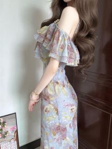 CHANGTONG | Unique Retro Off-Shoulder Printed Fitted Long Dress Summer
