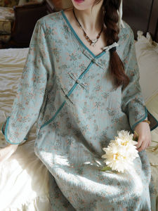 Váy Ngủ Phong Cách Trung Hoa Mới Có Nút Cài Hai Lớp Cotton Nguyên Chất Thêu Hoa Váy Ngủ Dài Tay Dài Mùa Xuân Dành Cho Nữ