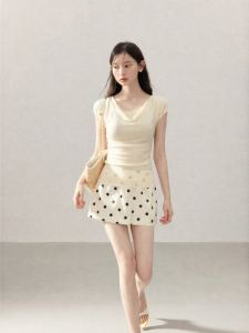 Cantonstory | French Apricot Short Sleeve Waist Cinching Sweater Women