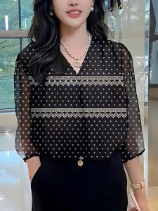 QINGNAER | Polka Dot Spliced V-Neck Lace Thin Big Size Fresh Shirt
