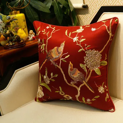 New Chinese Style Embroidered Pillowcase Sofa Cushion Bedroom Living Room French Flower Bird Core Embroidered Backrest Cushion