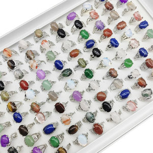 20/50pcs/Lot Wholesale Luxury Mix Style Natural Stone Finger Rings for Women Fashion Big Oval Agate Beauty Different Lines Gifts