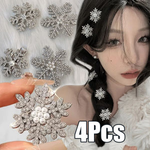 4Pcs Snowflake Crystal Hair Clips Korean Women Shining Pearl Flower Hairpins Barrette Girls Wedding Exquisite Headwear Hair Jewelry