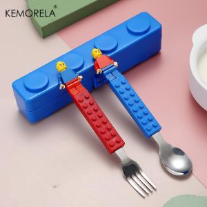 2PCS Fun Creative Building Blocks Portable Cutlery Stainless Steel Cutlery Assembled Fork and Spoon Set for Salads and Rice