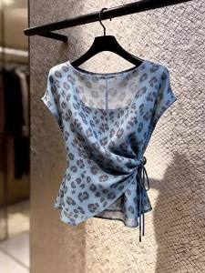 Leopard Print Summer Short Sleeve Waist Cinching Blouse