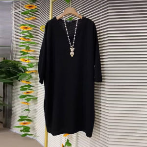 plus Size 2-300Pounds Large Dress Slimming Lazy Style Mid-Length Simple Solid Color Womens Spring Autumn INS V-neck Korean Style