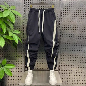LNH New Arrival Loose Green Striped Casual Pants Mens Stripes Patchwork Cropped Pants Ruffle Handsome Stylish Jogger Pants Harem Sports Pants