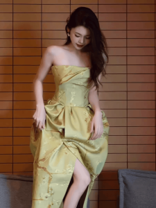 New Chinese Style Printed Morning Robe Green Luxury Bridesmaid Wedding Engagement Party Long Evening Gown Improved Cheongsam Skirt