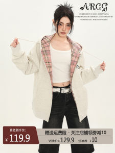 American Style Oversize Hoodie Jacket Womens Spring Autumn Plaid Loose Heavy Zipper Cardigan Long Sleeve Casual Outerwear