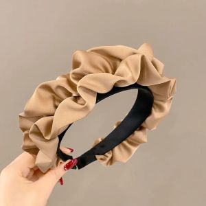 New 2025 Korean Big Wide Ruffles Satin Bezel Black Coffee Neutral Solid Color Hairbands For Women Girls Hair Accessories