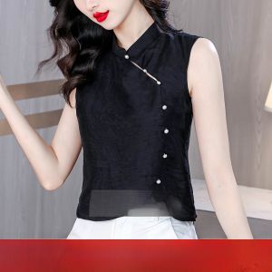 New Chinese Style Sleeveless Shirt Womens Waistcoat Short Summer Stand Collar Buckle Small Shirt National Style Improved Cheongsam Top