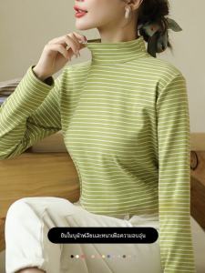 Womens Fleece Lined Long Sleeve Striped Base Layer Shirt Half High Collar Thermal Top Winter Inner Wear T-Shirt Commute Style