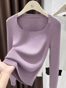 เสื้อสเวตเตอร์ถักคอเหลี่ยมสีพื้นสำหรับผู้หญิงไซส์ใหญ่ ทรงสลิมฟิต ทรงเข้ารูป แขนยาว ฤดูใบไม้ร่วง/ฤดูหนาว 2025 ใหม่