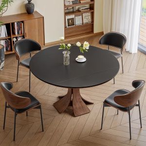 2025 New French Vintage Style Extendable Rock Table Dining Table Solid Wood round Table Small Household Strange Silent Style