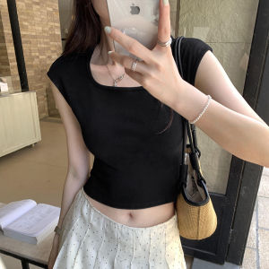 French Elegant U-Neck Vest Women Summer 2025 New Style Sleeveless Slim Fit Short Length T-Shirt Outerwear Fashion Design