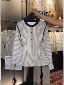 French Style Slim Fit Striped Shirt Womens Fashionable Waist-Cinching Spring Autumn Silk Long Sleeve Business Casual Top