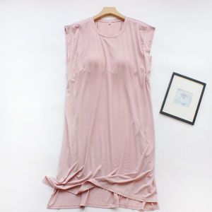 Modal Sleeveless Nightgown with Chest Pad Anti-Light Long Dress Pure Color Round Neck No Bra Needed Mid-Length High-End Feeling