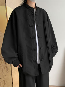 Loose Fit Mens Shirt Coat New Chinese Style Button Design Black Casual Fashionable Summer Long Sleeve Stand Collar Top