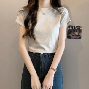 Áo Thun Nữ Tay Ngắn Cổ Tròn Màu Trơn Ôm Vừa Vặn Mùa Hè 2025 Phong Cách Hàn Quốc Thường Ngày Chất Liệu Khác Áo Thun