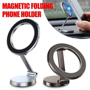 Alloy Foldable Car Phone Holder Adjustable Magnetic Car Mount Stand Stereoscopic Rotation Dashboard Navigation Bracket for IPhone 15 14 13 12 Pro Max