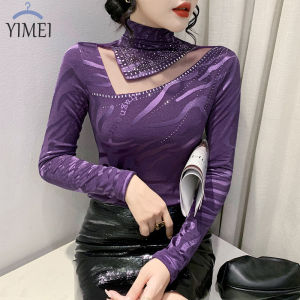 YIMEI Áo Lưới Cổ Cao Thời Trang Lớn Mới Mùa Đông 2023 Áo Thun Kim Cương Sắt Khoét Lỗ Áo Tím Mỏng Tay Dài Cho Nữ