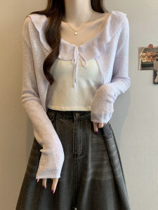 Summer 2025 Womens Ice Silk Knitted Short Thin Cardigan Large Size Fat MM Lace Trim Shoulder Shroud Top Korean Style Loose Fit