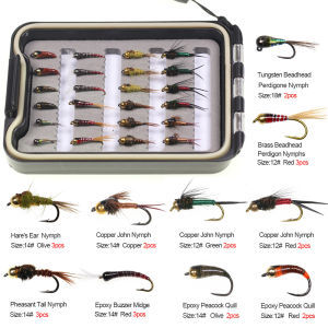 24pcs/box Handmade Assortment Fly Fishing Flies Kit Perdigon Epoxy Buzzer Midge Hares Nymph Copper Fly  for Trout Fishing Lure
