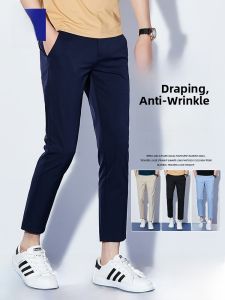 ROMON | Romon Mens Casual Pants Summer Thin Fashion Slim Straight Business West Pants Ice Silk Elastic Nine Split Pants Cool Feeling