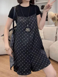 Shalldoer | Summer Outfit Womens Basic Black Short Sleeve T-Shirt Polka Dot Bib Overalls Set Simple Stylish Casual Fashion 18-25 Years Old